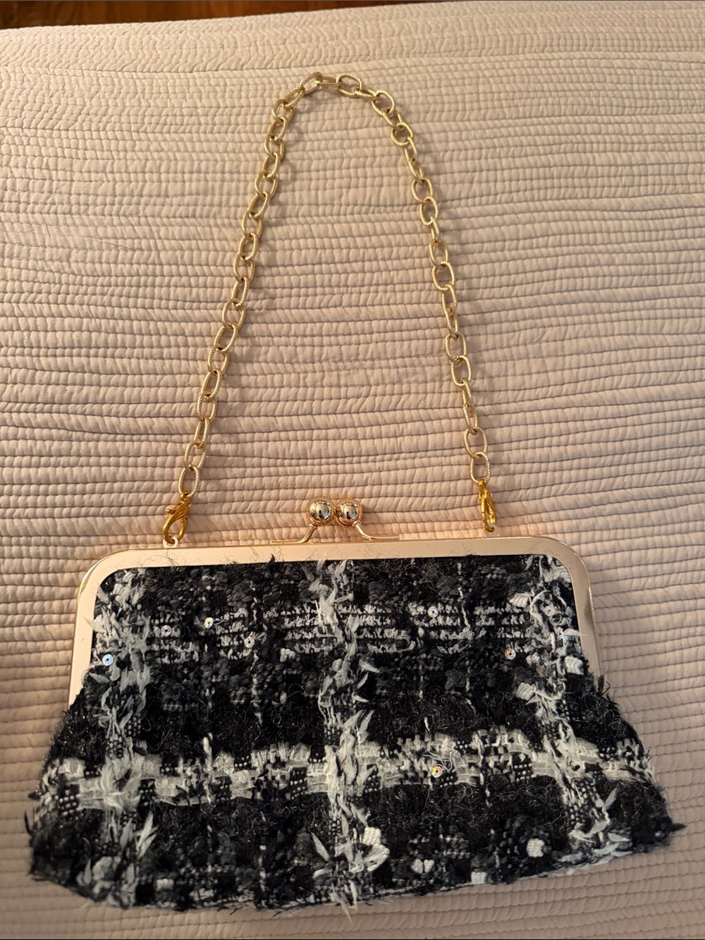 Black & White Tweed Chain-Handle Evening Bag